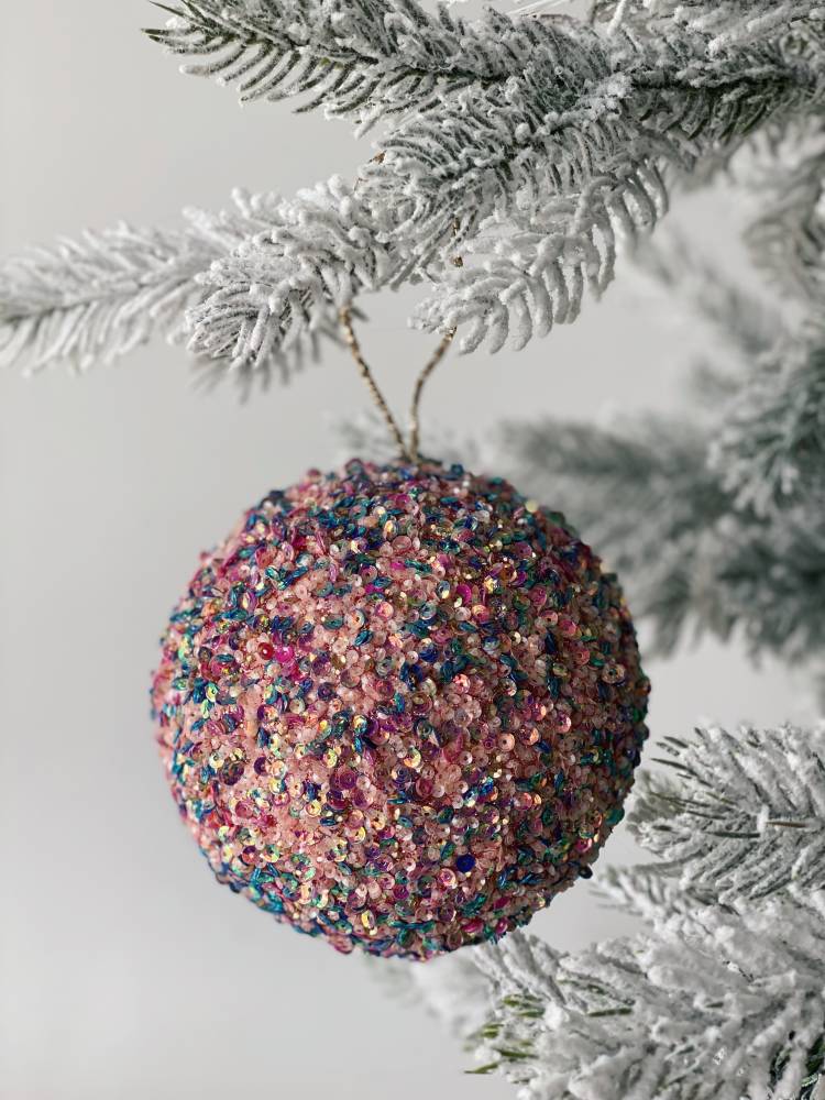 Christmas tree toy ball covered with sequins, pink, 12 cm