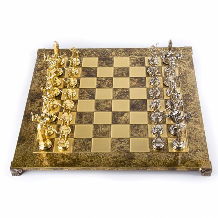 Greek mythology chess set with gold/silver chessmen and bronze chessboard 54 x 54cm