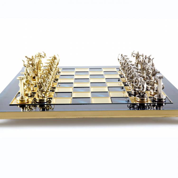 Hercules chess set with gold/silver chessmen and green/bronze chess board 36 x 36cm