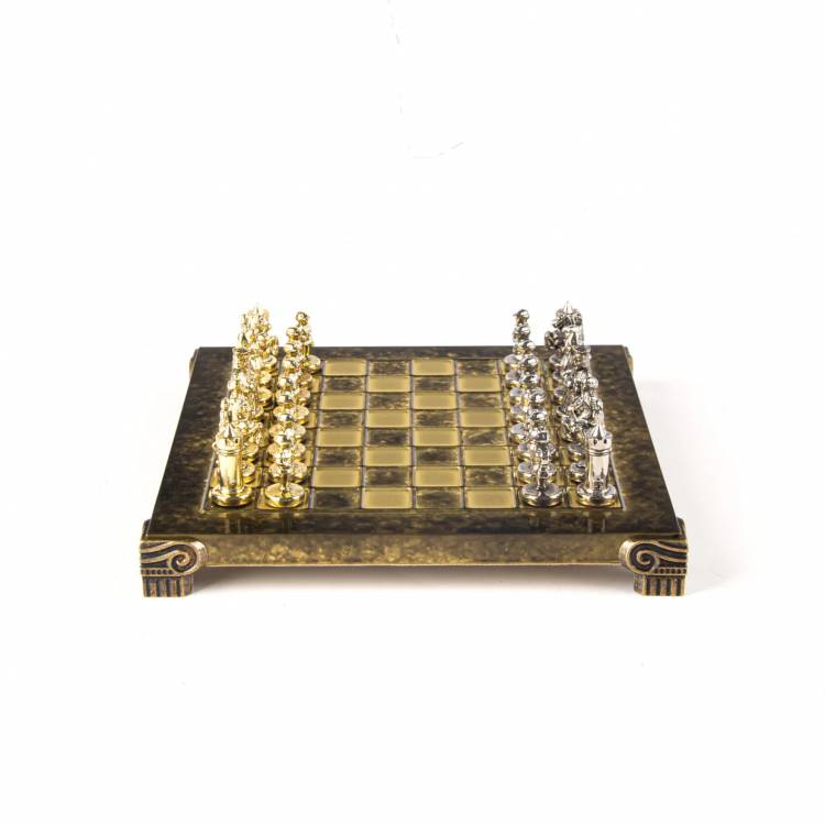 Metal Chess  Byzantine  set with Gold & Silver Chessmen  20cm Chessboard in Brown