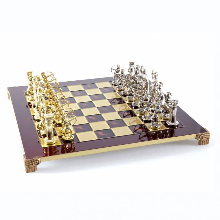 Metal Chess " Archers "set with Gold & Silver Chessmen  44cm Chessboard in Red