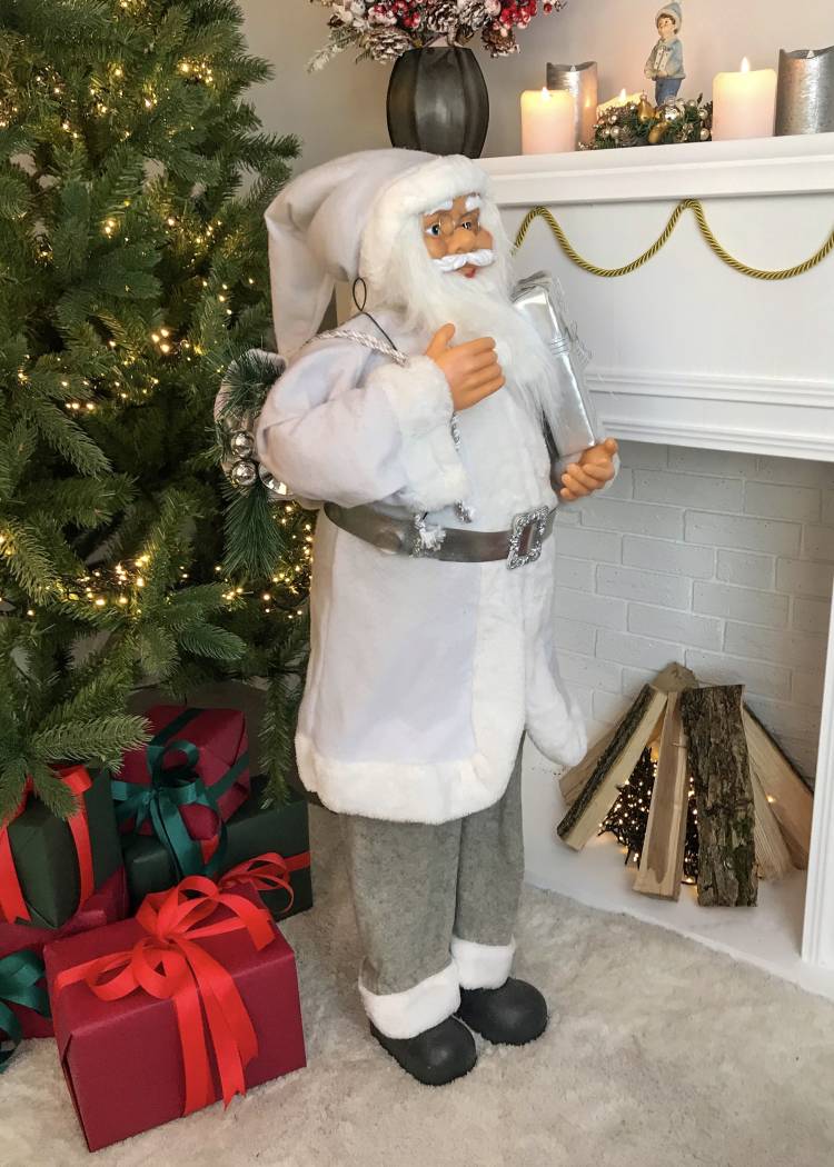 Figurine of New Year's Santa standing, white, fabric, 30 LED, 110 cm
