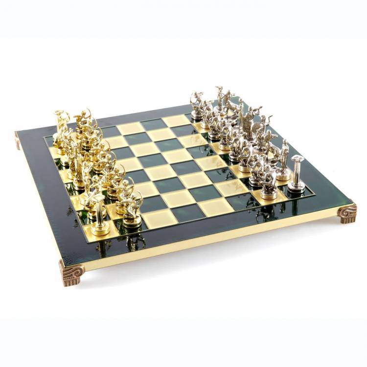 Hercules chess set with gold/silver chessmen and green/bronze chess board 36 x 36cm