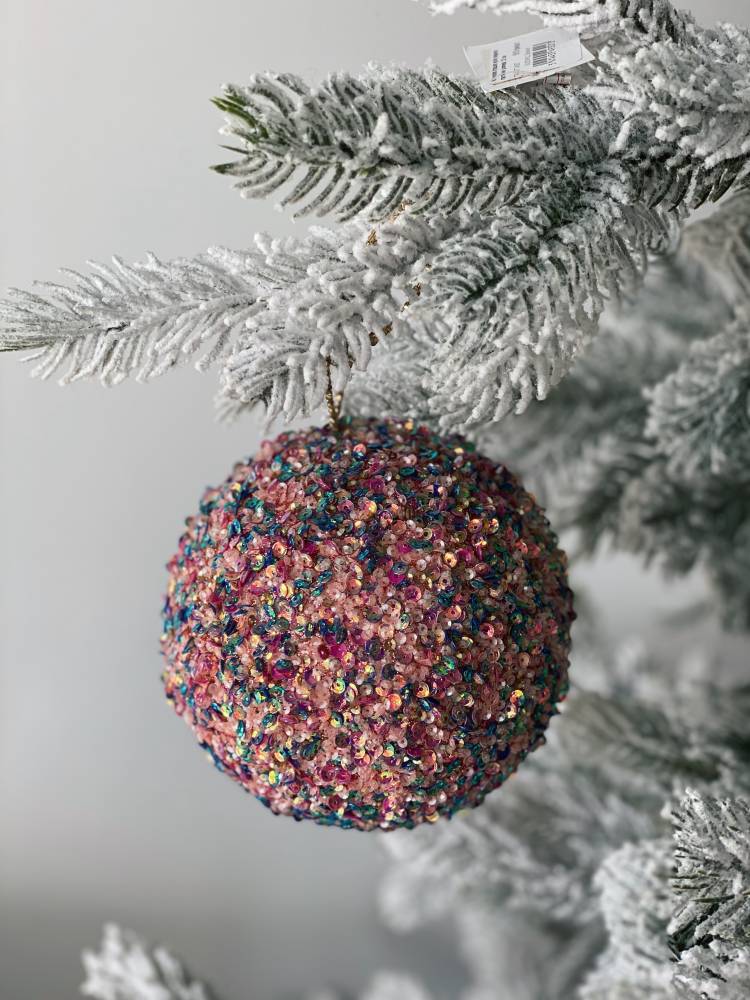 Christmas tree toy ball covered with sequins, pink, 12 cm