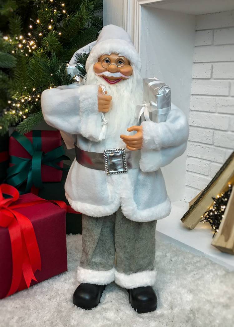 Christmas figurine Santa white with gift, 20 LED, 60 cm