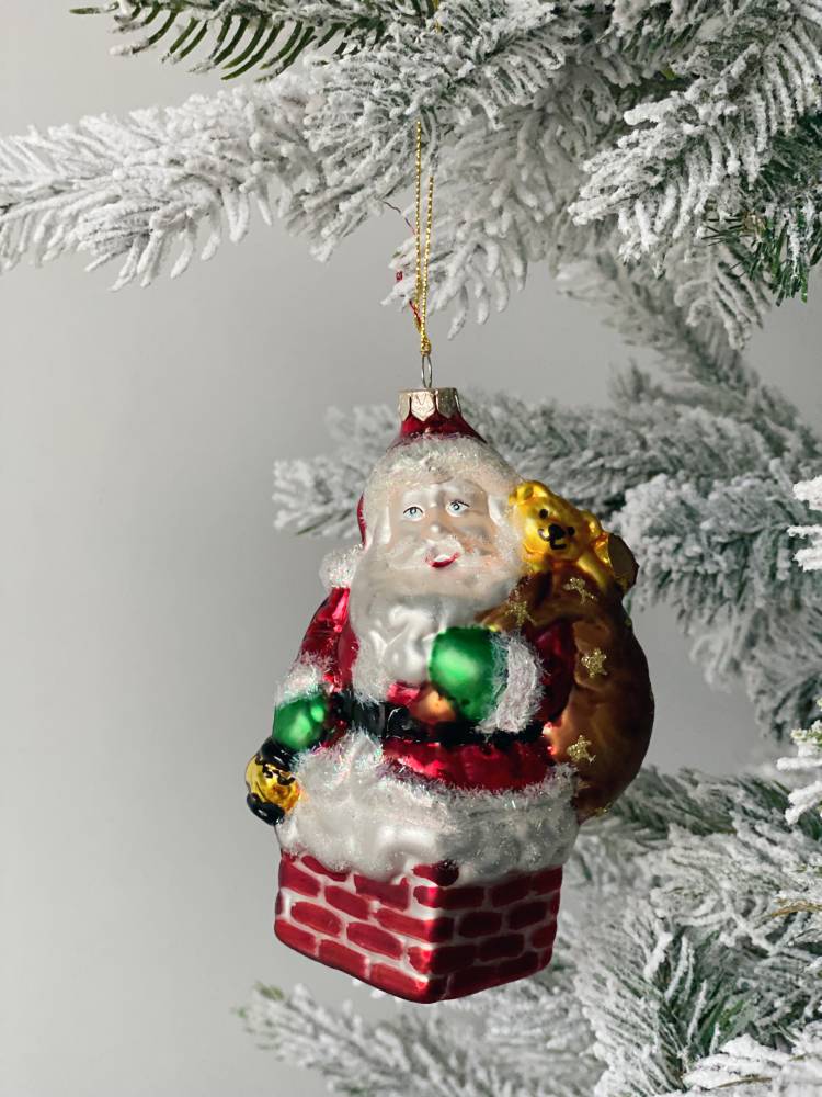 Glass Christmas tree toy Santa in the chimney, 12 cm