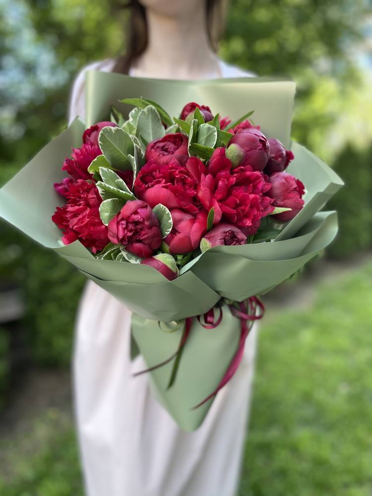 Bouquet of 15 burgundy peonies