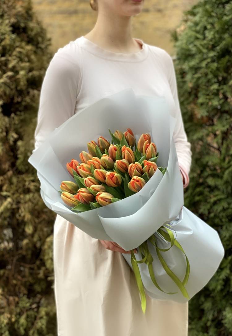 A bouquet of 25 orange peony tulips