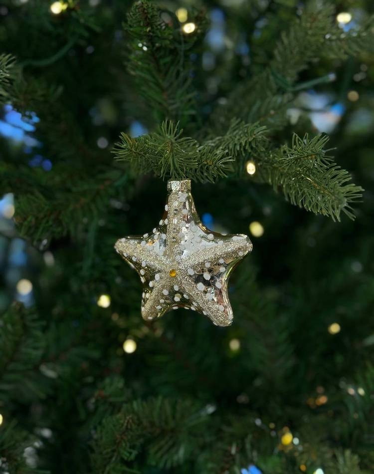 Starfish Christmas tree glass toy in rhinestones, assorted. white\gold, D9 B8 cm.