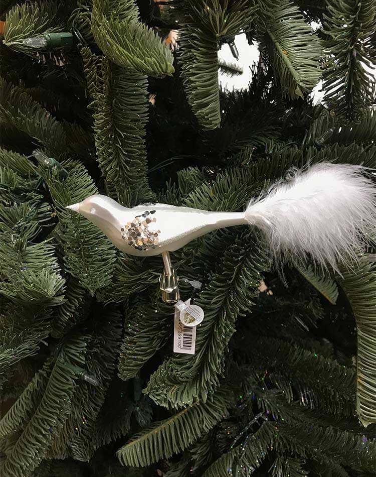 Christmas tree toy bird, frosted glass, on a clip, with sparkles, white/silver, 20 cm