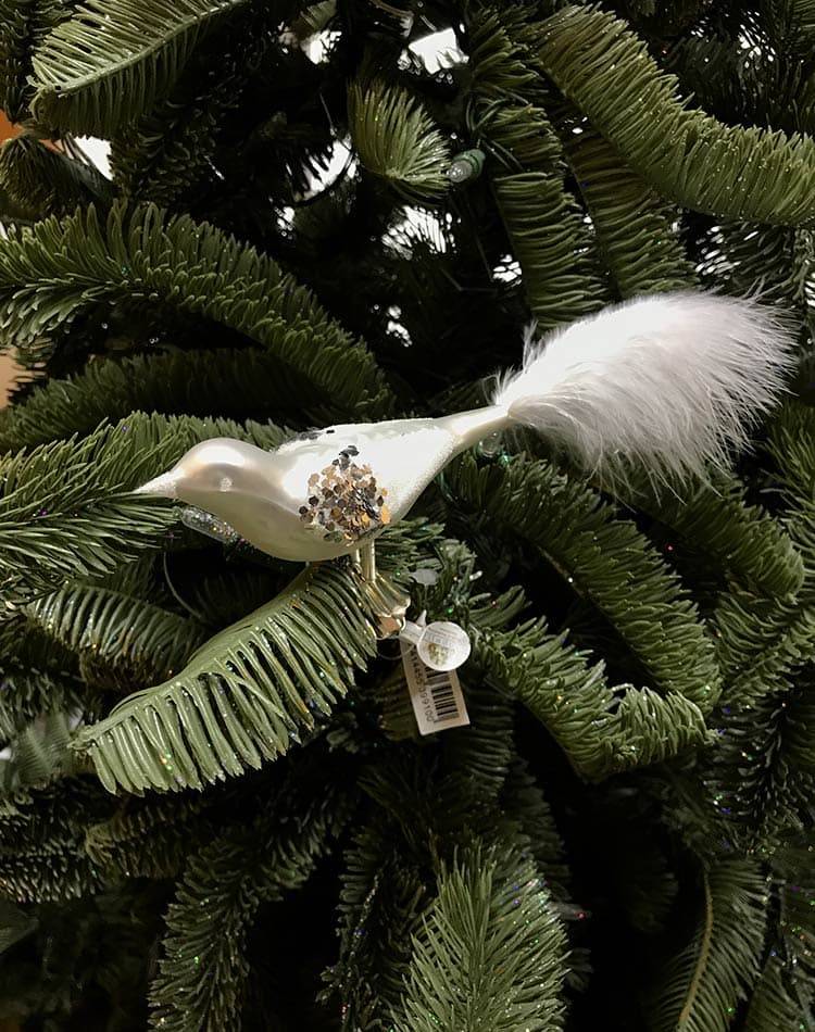 Christmas tree toy bird, frosted glass, on a clip, with sparkles, white/silver, 20 cm