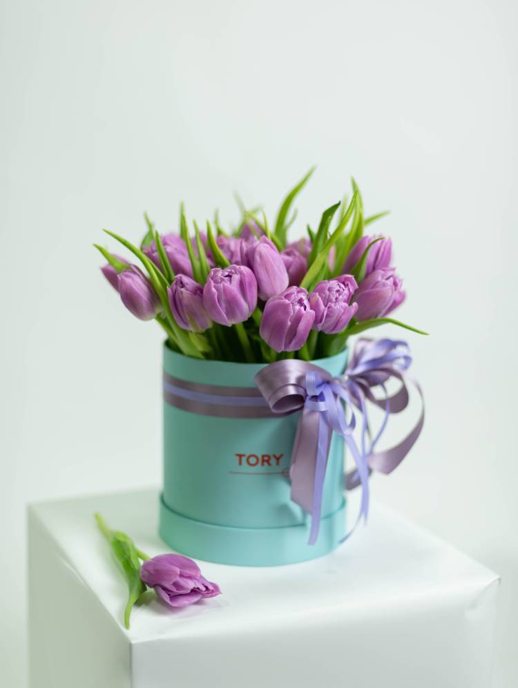 25 Purple Peony Tulips in a Hatbox