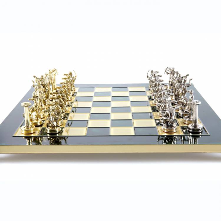 Hercules chess set with gold/silver chessmen and green/bronze chess board 36 x 36cm