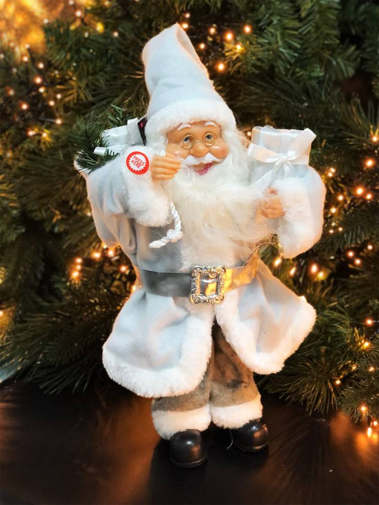 Christmas figurine Santa Claus with a gift, 15 LED, fabric white, 40 cm