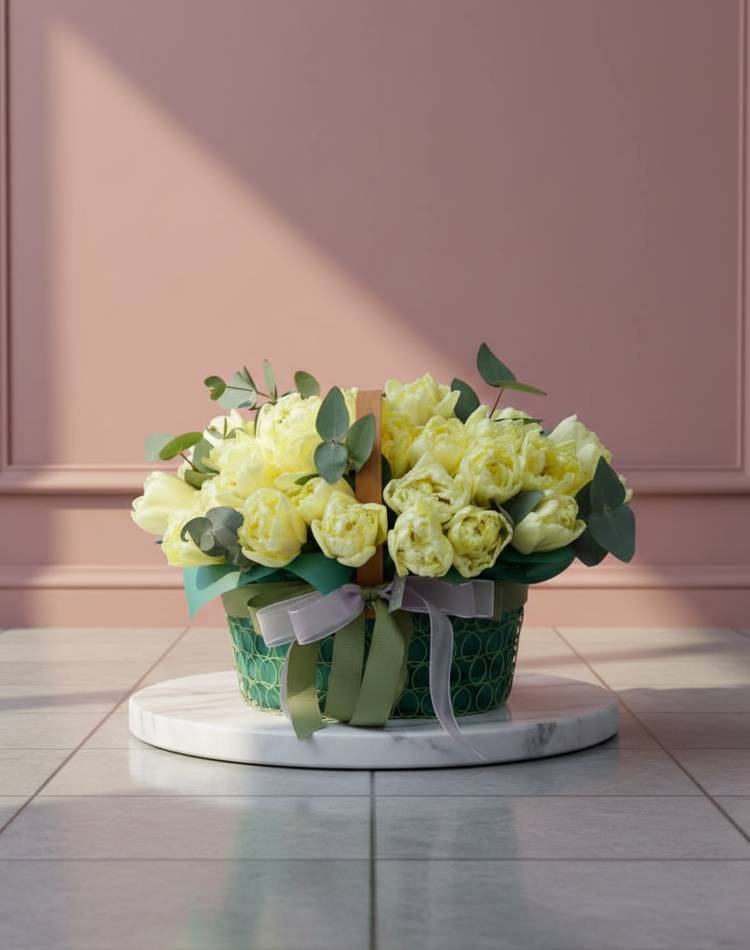 Tulips in a basket "You gave me summer"
