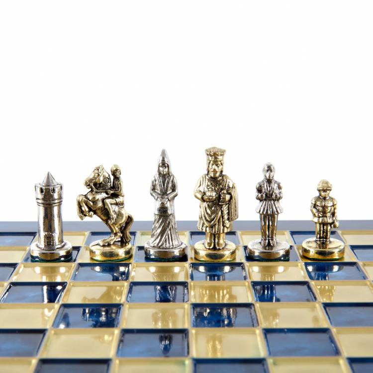 Metal Chess Byzantine  set with Gold & Silver Chessmen  20cm Chessboard in Blue