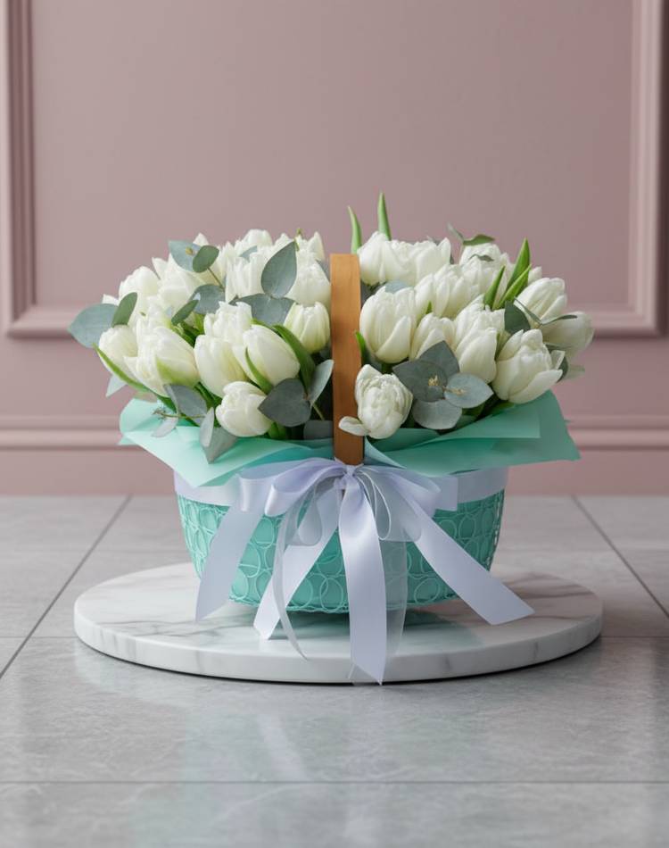 Tulips in a basket "Quiet words of love"