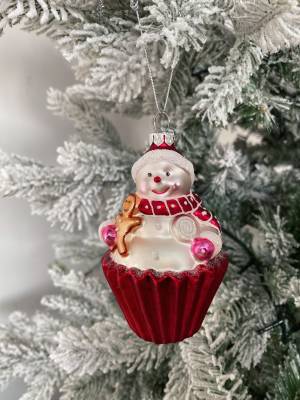 Christmas tree toy Snowman in a cup, white, 11 cm - flowers delivery Dubai
