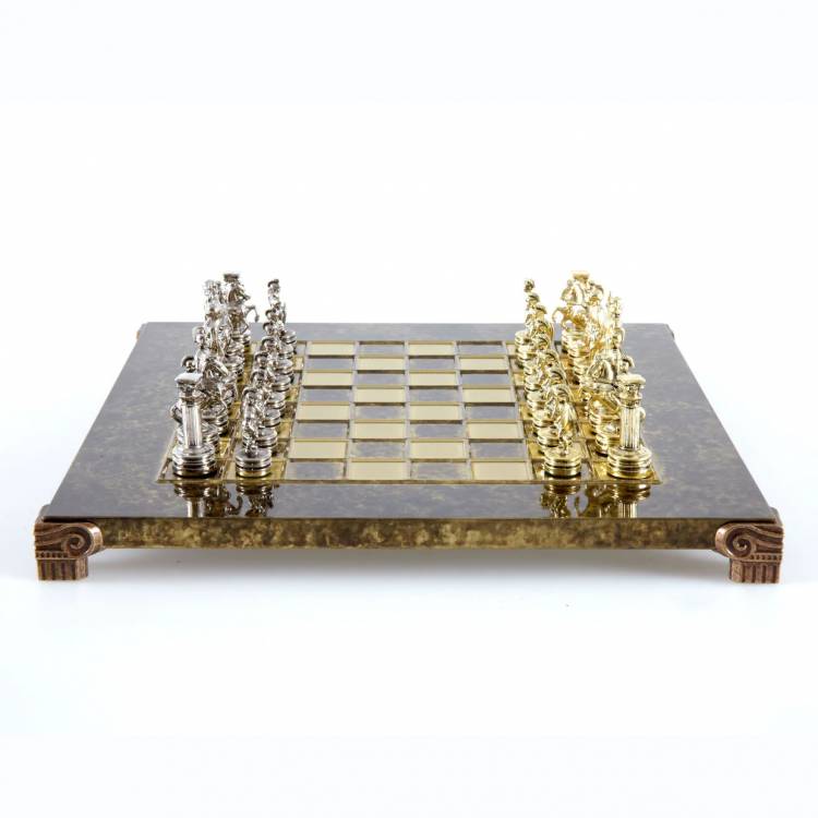 Metal Chess Greek Roman Period  set with Gold & Silver Chessmen  28cm Chessboard in Brown