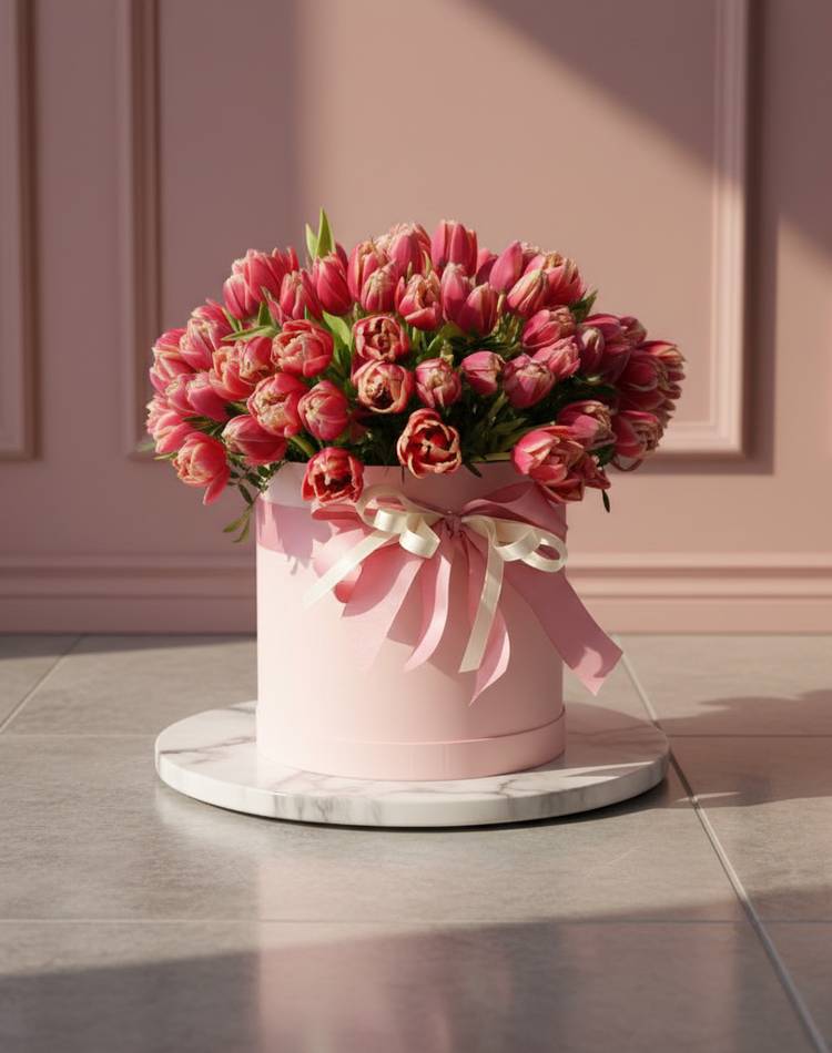 101 pink peony tulips in a hat box