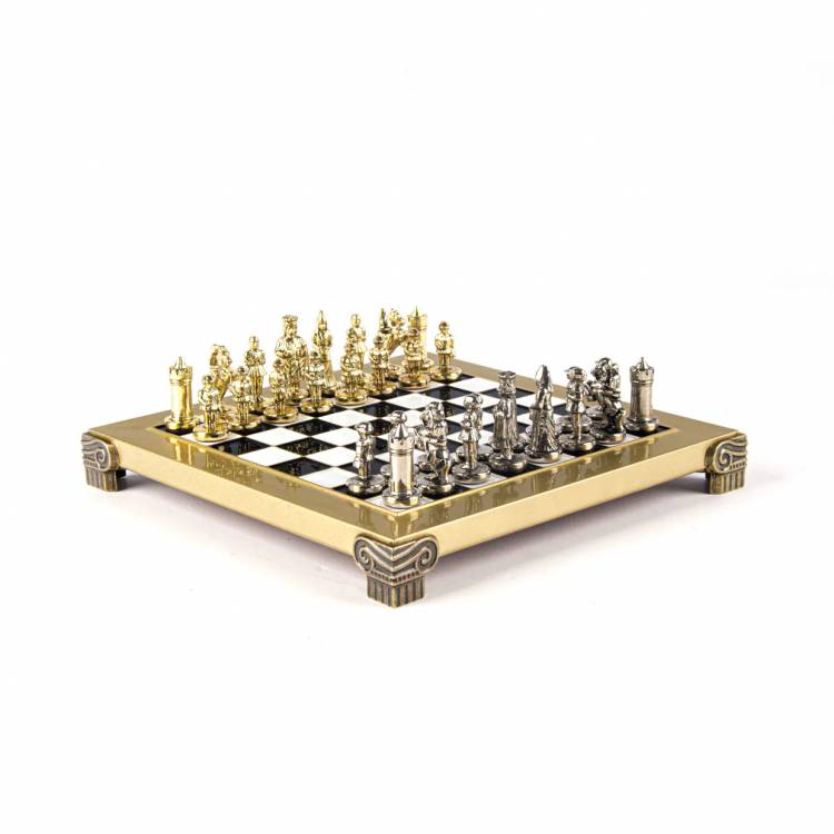 Metal Chess Byzantine set with Gold & Silver Chessmen  20cm Chessboard in Blak & White