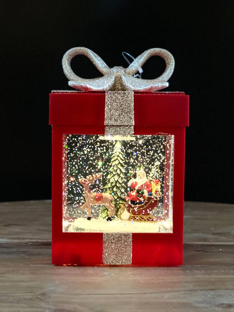 Giftbox santa water spinning, LED-red