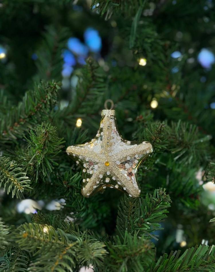 Starfish Christmas tree glass toy in rhinestones, assorted. white\gold, D9 B8 cm.