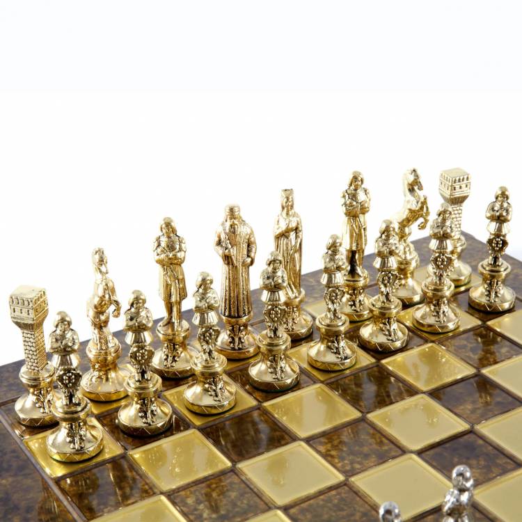 Renaissance Metal Chess set with Gold & Silver Chessmen & 36cm Chessboard in Brown