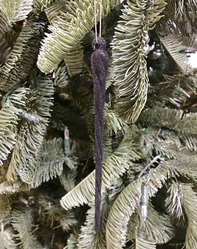 Christmas tree toy glass twisted icicle, black with sparkles, 20 cm