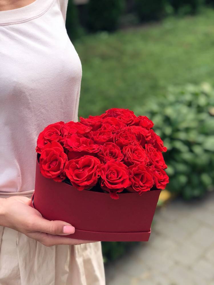 31 red roses in a heart-shaped box