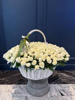 301 white roses in a basket - flowers delivery Dubai