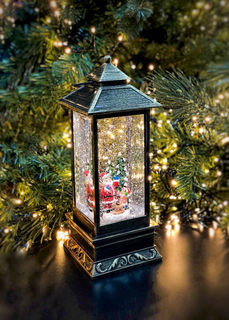 Lantern Santa Claus with a child, waterspinning, LED-Antic brown