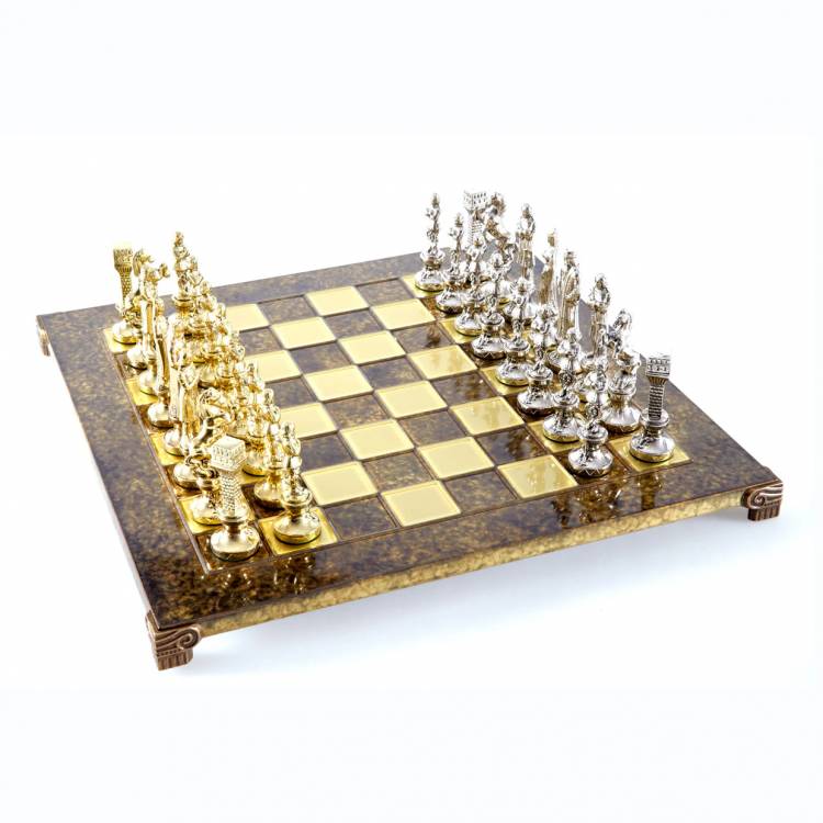 Renaissance Metal Chess set with Gold & Silver Chessmen & 36cm Chessboard in Brown