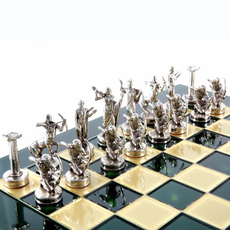 Hercules chess set with gold/silver chessmen and green/bronze chess board 36 x 36cm
