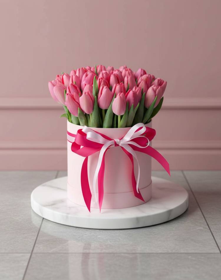 51 Pink Tulips in a Hat Box