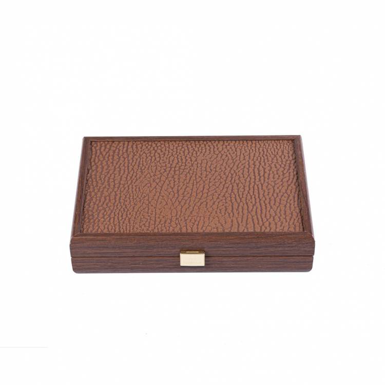 Dominoes 5.2x2.7x1cm in a wooden case, caramel-colored artificial leather