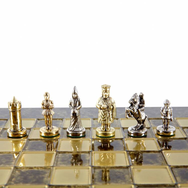 Metal Chess  Byzantine  set with Gold & Silver Chessmen  20cm Chessboard in Brown