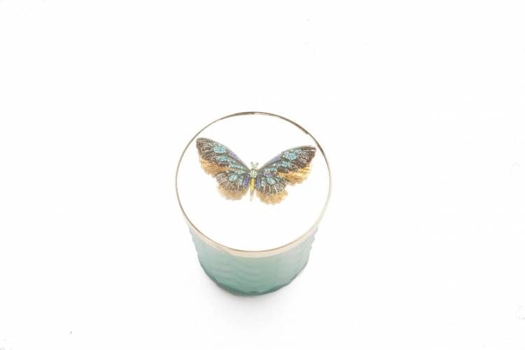 Scented CANDLE WITH SCARF - TIFFANY BLUE & GOLD - BUTTERFLY 450 g