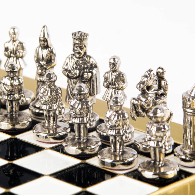Metal Chess Byzantine set with Gold & Silver Chessmen  20cm Chessboard in Blak & White