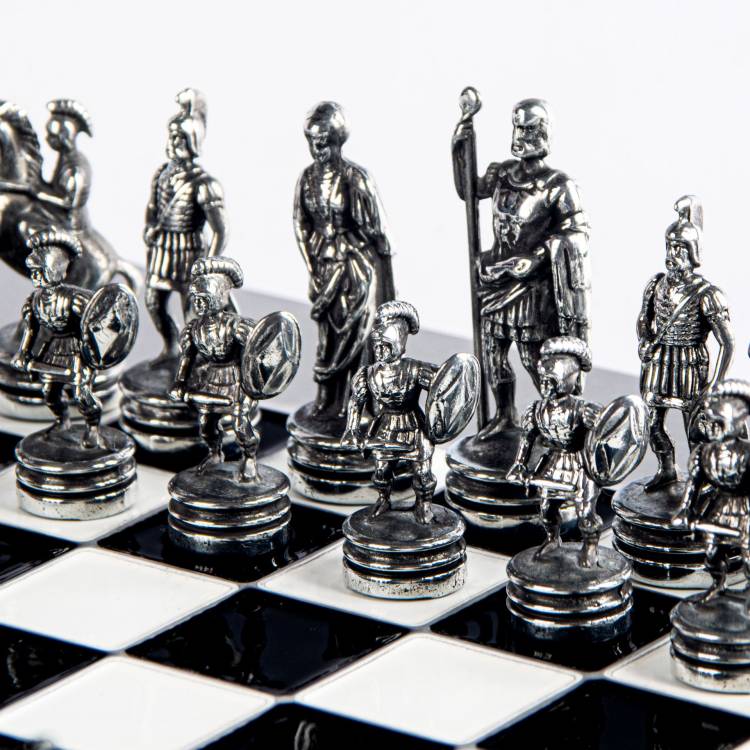 Roman period chess set with black/gray chessmen and gray chess board 28cm x 28 cm