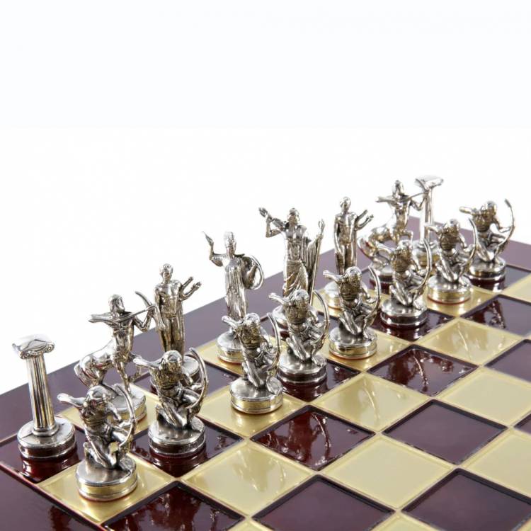 The Giants' Battle Metal Chess set with Gold & Silver Chessmen & 36cm Chessboard in Red