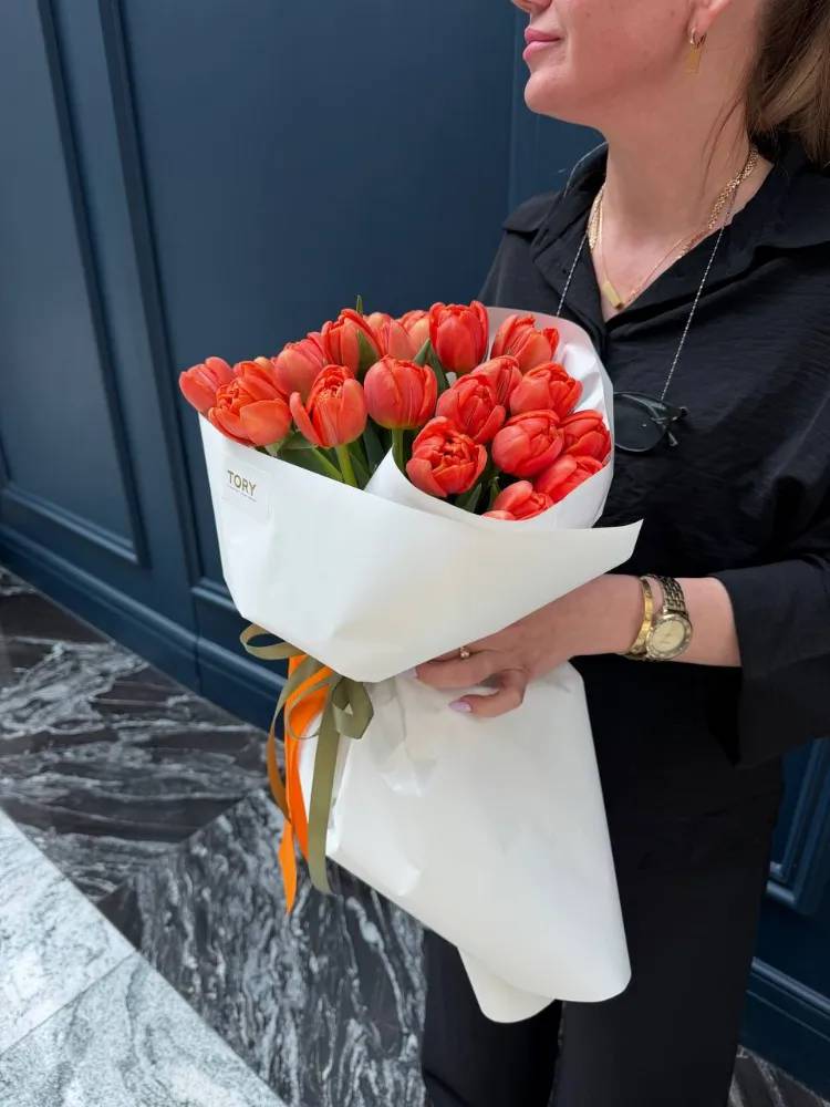 A bouquet of 25 orange peony tulips