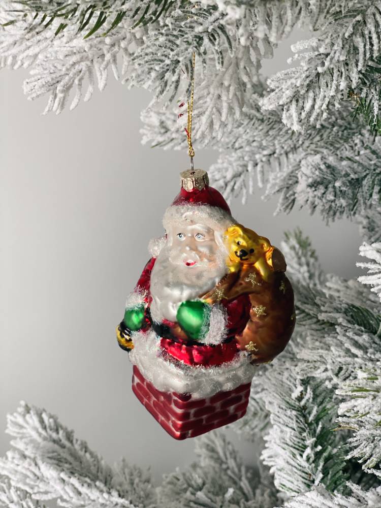 Glass Christmas tree toy Santa in the chimney, 12 cm