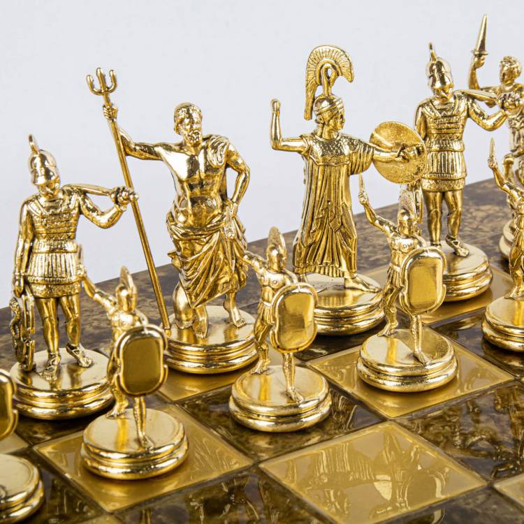 Greek mythology chess set with gold/silver chessmen and bronze chessboard 54 x 54cm