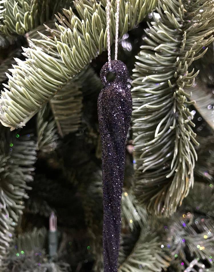 Christmas tree toy glass twisted icicle, black with sparkles, 20 cm