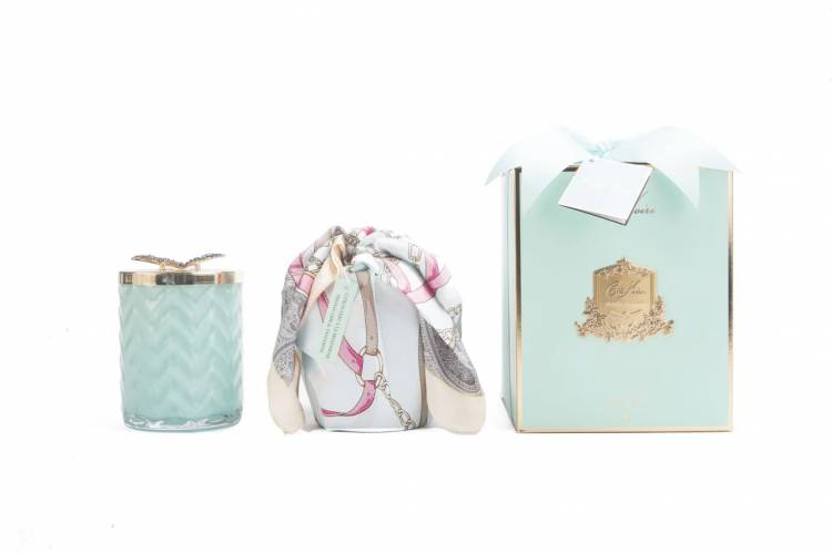 Scented CANDLE WITH SCARF - TIFFANY BLUE & GOLD - BUTTERFLY 450 g