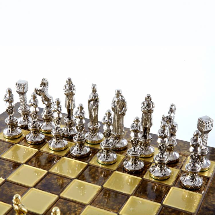 Renaissance Metal Chess set with Gold & Silver Chessmen & 36cm Chessboard in Brown