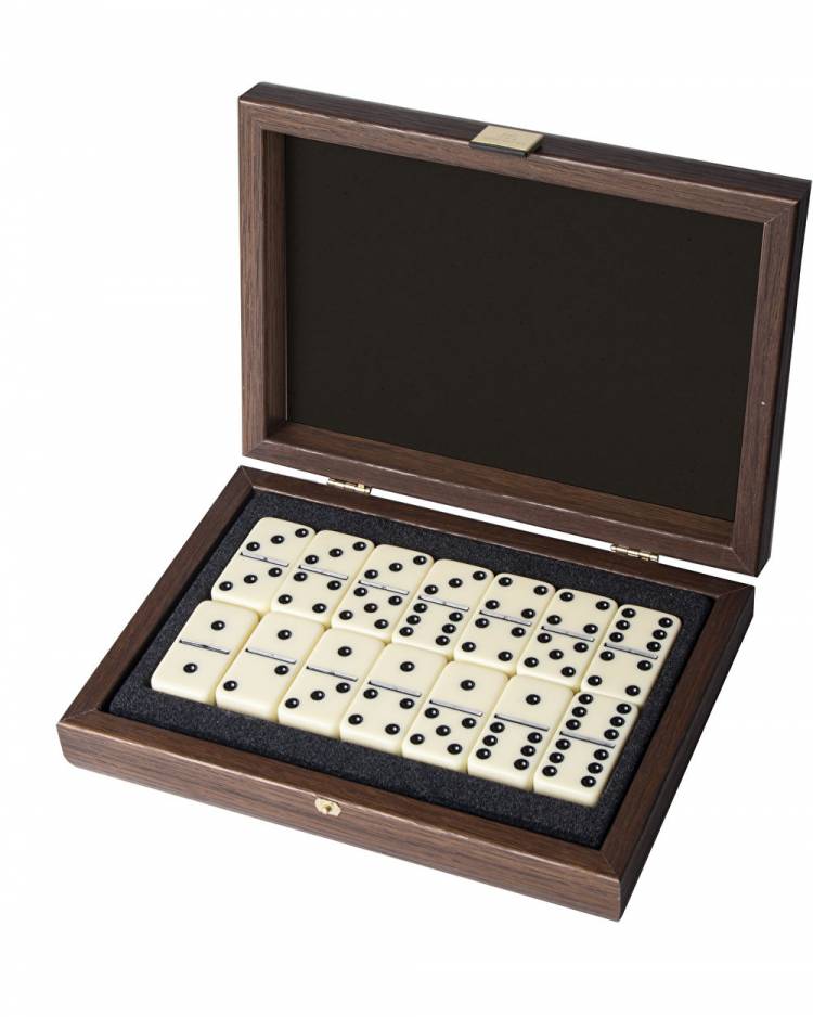 Dominoes 5.2x2.7x1cm in a wooden case, caramel-colored artificial leather