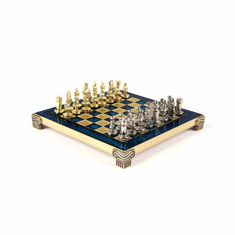 Metal Chess Byzantine  set with Gold & Silver Chessmen  20cm Chessboard in Blue