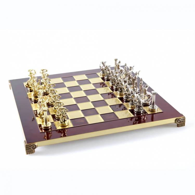 The Giants' Battle Metal Chess set with Gold & Silver Chessmen & 36cm Chessboard in Red